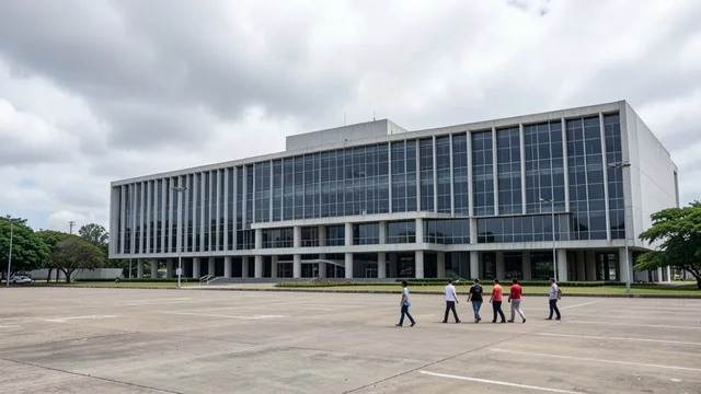 Prédio de tribunal em Brasília com pessoas caminhando pela praça diante da fachada.