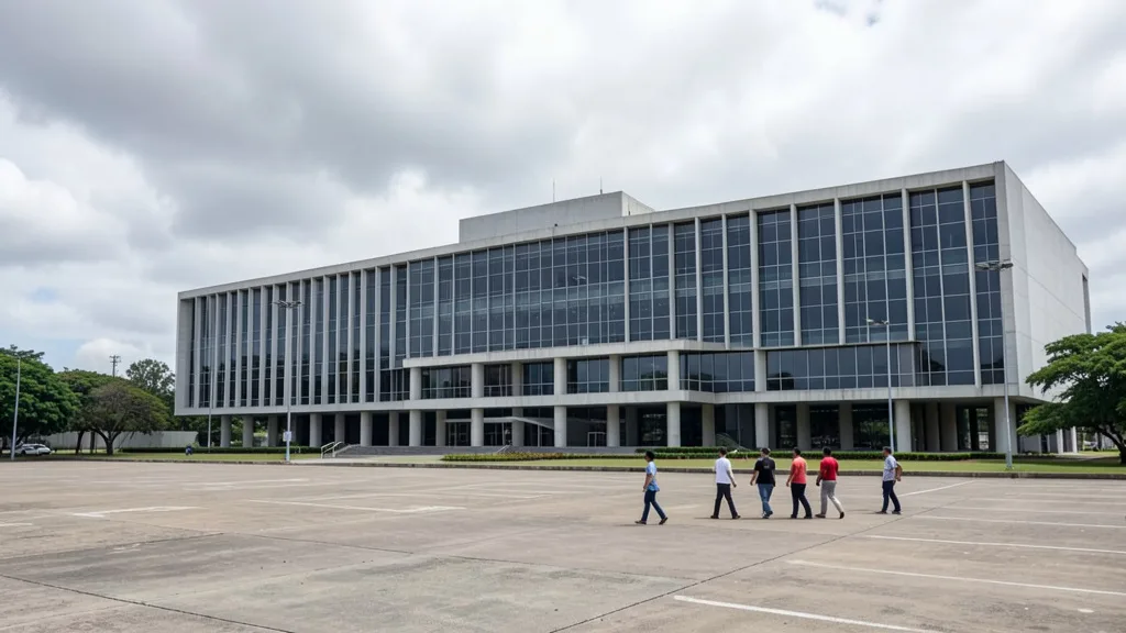 Prédio de tribunal em Brasília com pessoas caminhando pela praça diante da fachada.
