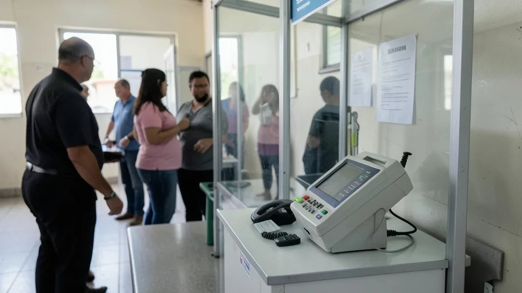 Imagem gerada por IA: Urna eletrônica em uma seção eleitoral com eleitores ao fundo.