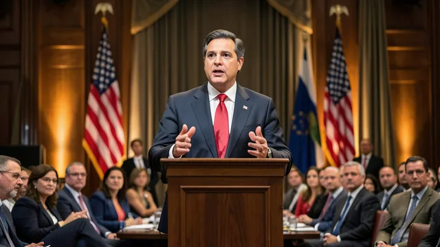 Imagem gerada por IA: Político brasileiro genérico discursa em um evento formal em Washington.
