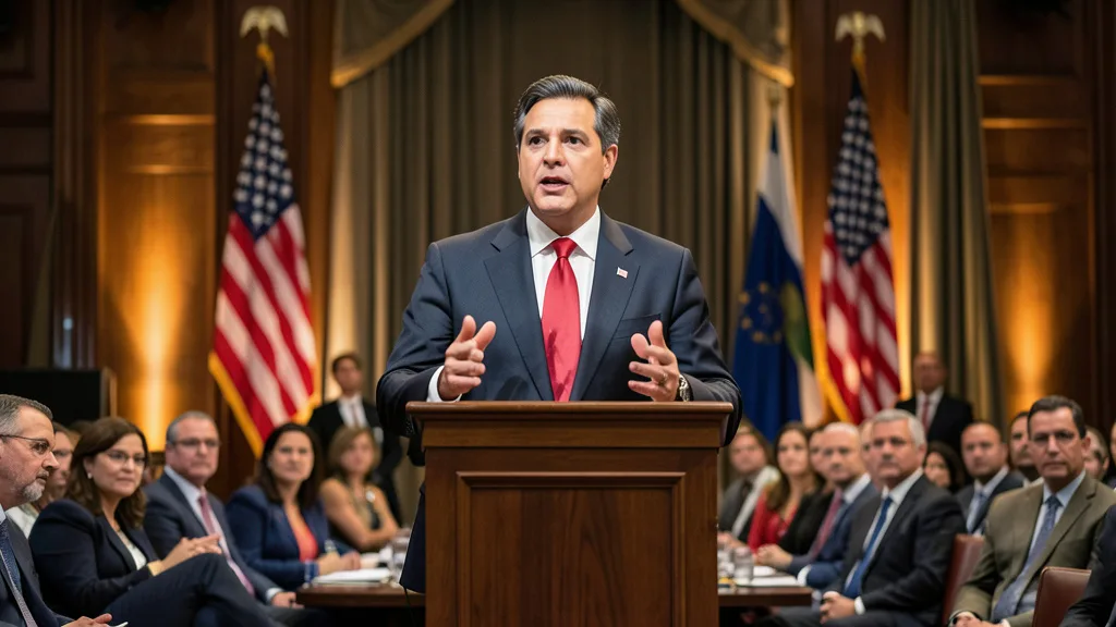 Imagem gerada por IA: Político brasileiro genérico discursa em um evento formal em Washington.