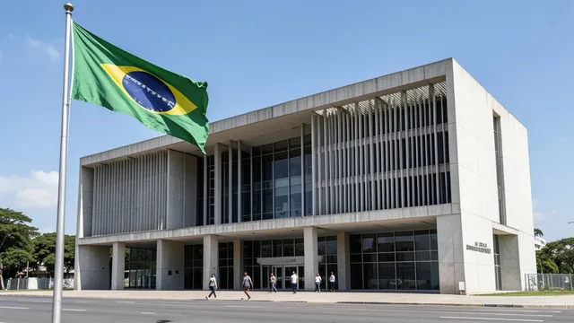 Fachada do Ministério das Relações Exteriores em Brasília, com a bandeira do Brasil em primeiro plano.
