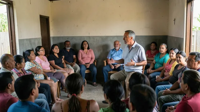 Imagem gerada por IA: Eduardo Paes conversa com lideranças comunitárias durante encontro no Cacique de Ramos.