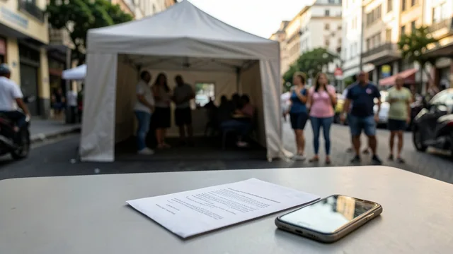 Envelope fechado e celular sobre uma mesa, com estrutura de campanha desfocada ao fundo.