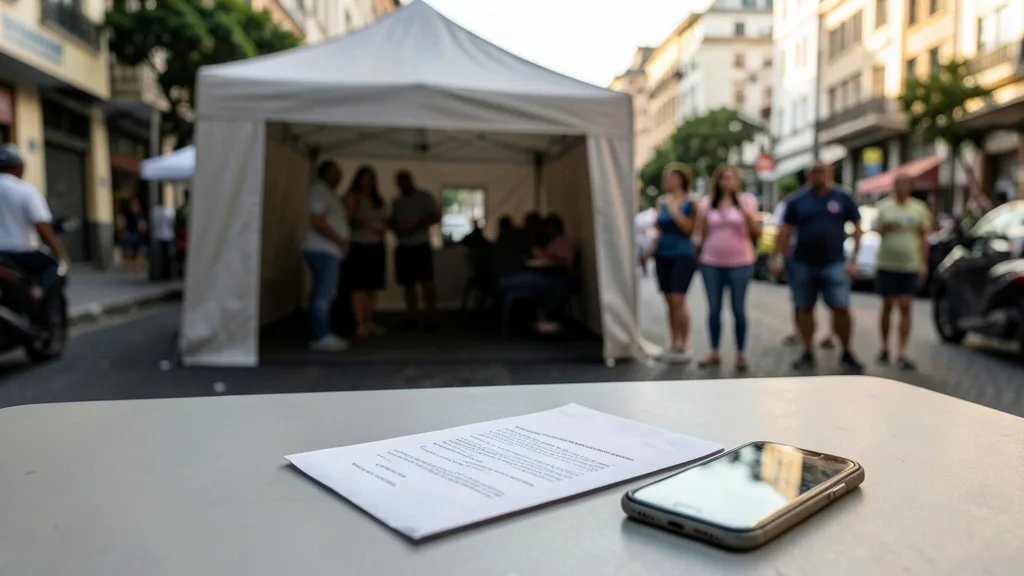 Envelope fechado e celular sobre uma mesa, com estrutura de campanha desfocada ao fundo.