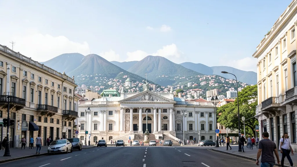 Vista urbana do Rio de Janeiro com edifício público ao fundo e pedestres na rua.