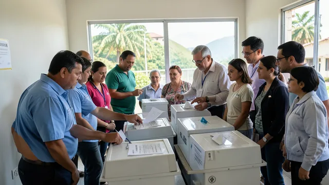 Imagem gerada por IA: Candidato vota em uma seção eleitoral acompanhado de aliados e familiares.