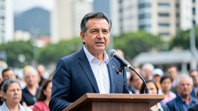 Imagem gerada por IA: Eduardo Paes fala em evento público com cenário urbano ao fundo.
