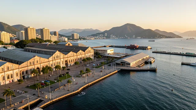 Imagem gerada por IA: Área revitalizada do Porto Maravilha, no Rio de Janeiro, com edifícios e a Baía de Guanabara ao fundo.