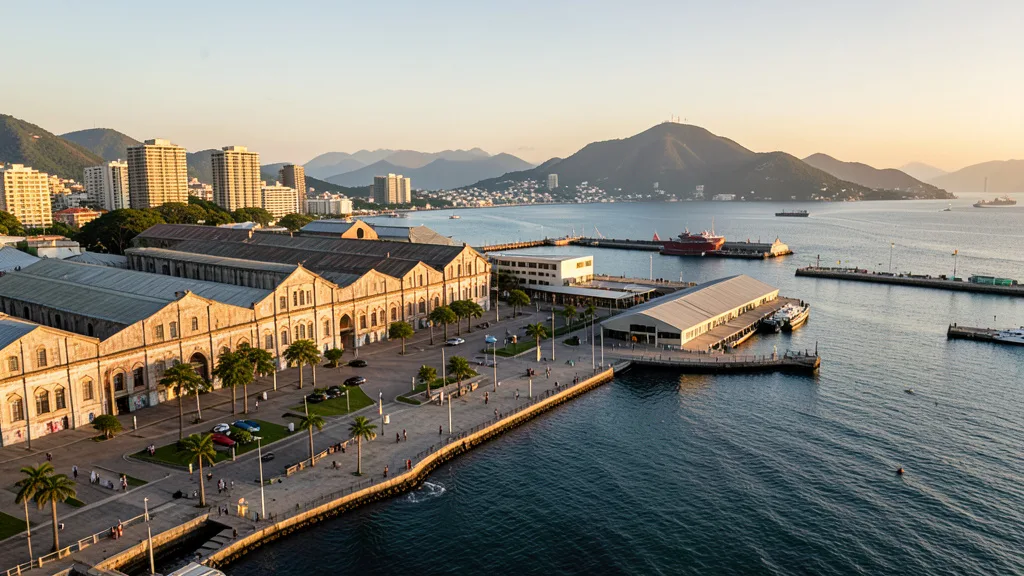 Imagem gerada por IA: Área revitalizada do Porto Maravilha, no Rio de Janeiro, com edifícios e a Baía de Guanabara ao fundo.
