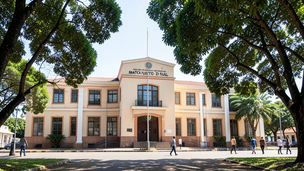 Imagem gerada por IA: Palácio do governo de Mato Grosso do Sul em Campo Grande, cercado por árvores.