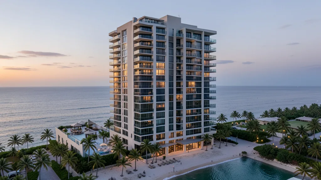 Imagem gerada por IA: Edifício residencial de alto padrão à beira-mar em Sunny Isles Beach, na região de Miami.