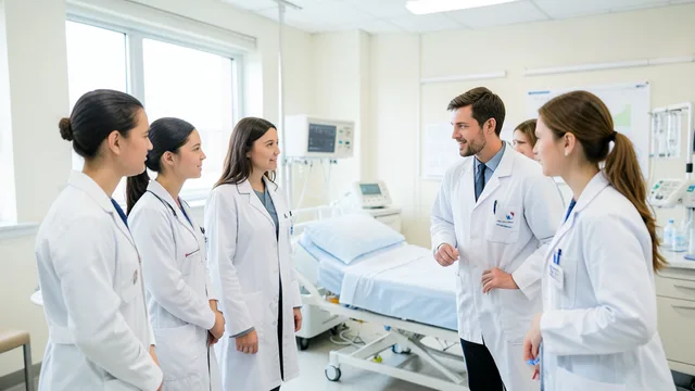 Imagem gerada por IA: Estudantes de Medicina participam de uma aula prática supervisionada em laboratório clínico.