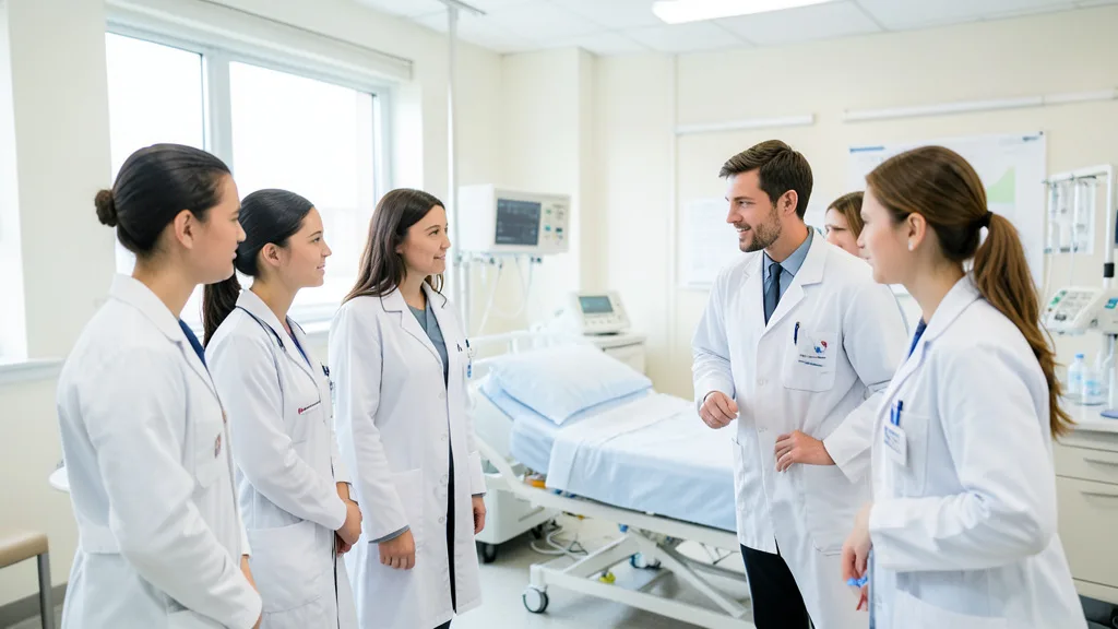 Imagem gerada por IA: Estudantes de Medicina participam de uma aula prática supervisionada em laboratório clínico.