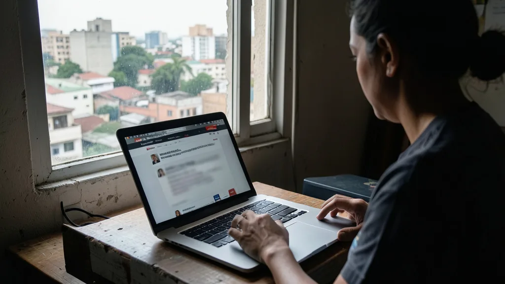 Imagem gerada por IA: Pessoa acessa portais de notícias em um laptop em uma casa em Caracas.