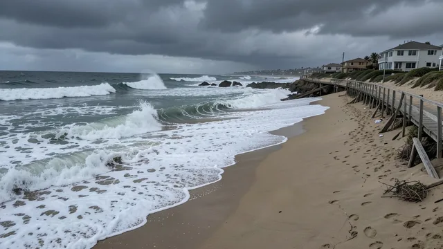 Imagem gerada por IA: Ondas fortes atingem uma praia erodida no litoral sul da Califórnia, perto de uma passagem costeira danificada.