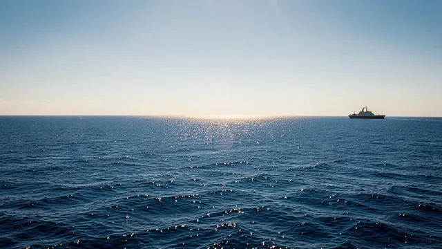 Imagem gerada por IA: Superfície do Pacífico tropical sob sol forte, com um navio de pesquisa ao fundo.