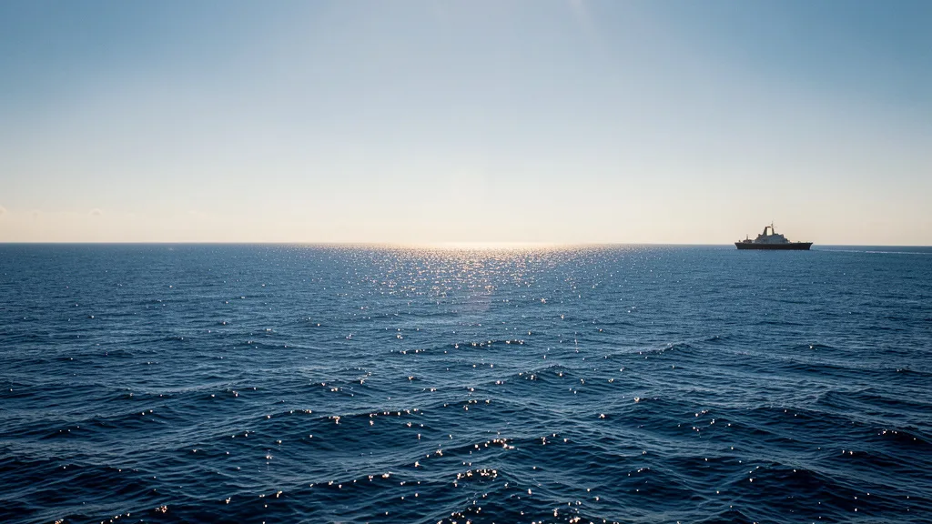 Imagem gerada por IA: Superfície do Pacífico tropical sob sol forte, com um navio de pesquisa ao fundo.
