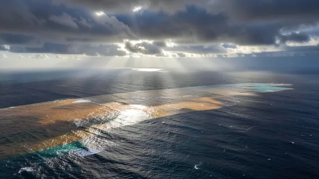 Imagem gerada por IA: Vista aérea do oceano Pacífico sob nuvens carregadas, com luz do sol no horizonte.