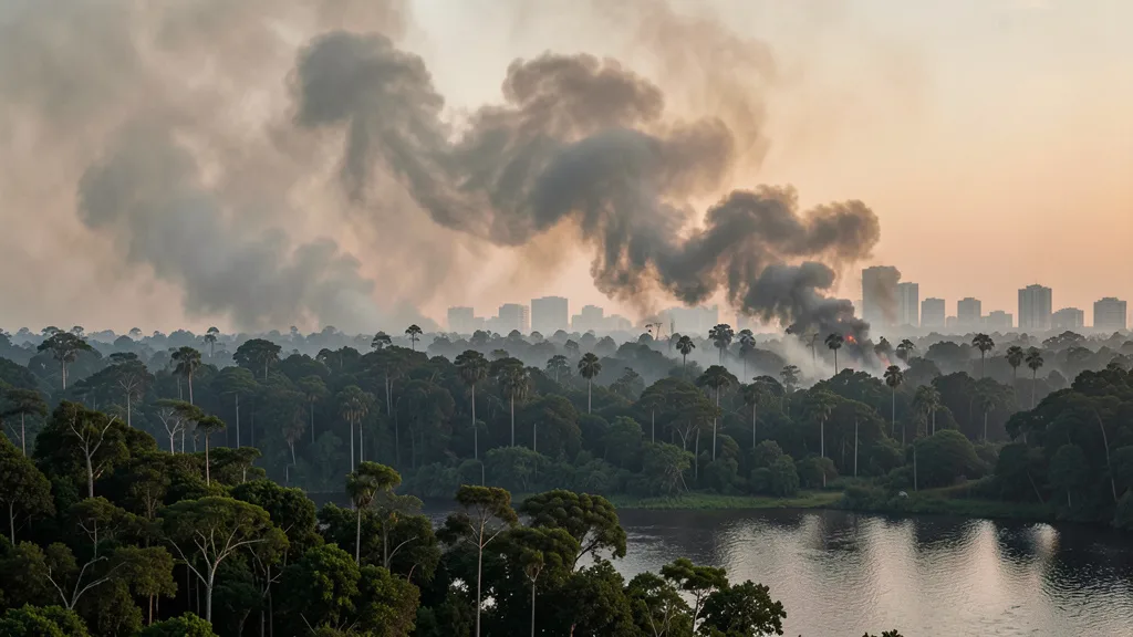 Imagem gerada por IA: Fumaça densa cobre a floresta amazônica e reduz a visibilidade perto de um rio.