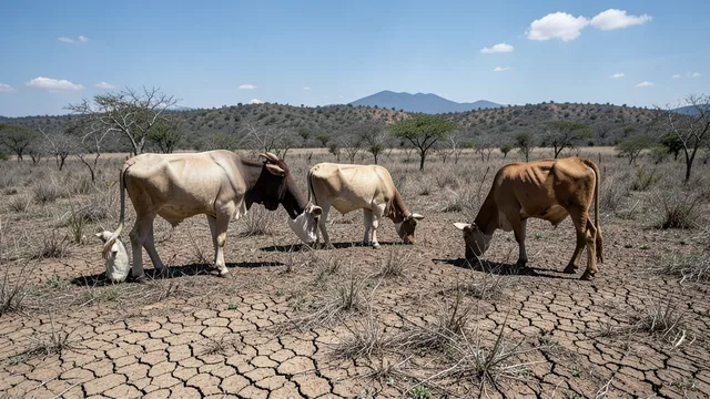 Imagem gerada por IA: Gado em pastagem seca e escassa em uma paisagem rural de El Salvador.