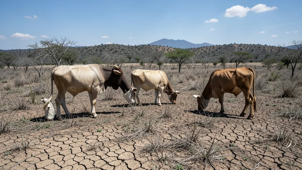 Imagem gerada por IA: Gado em pastagem seca e escassa em uma paisagem rural de El Salvador.
