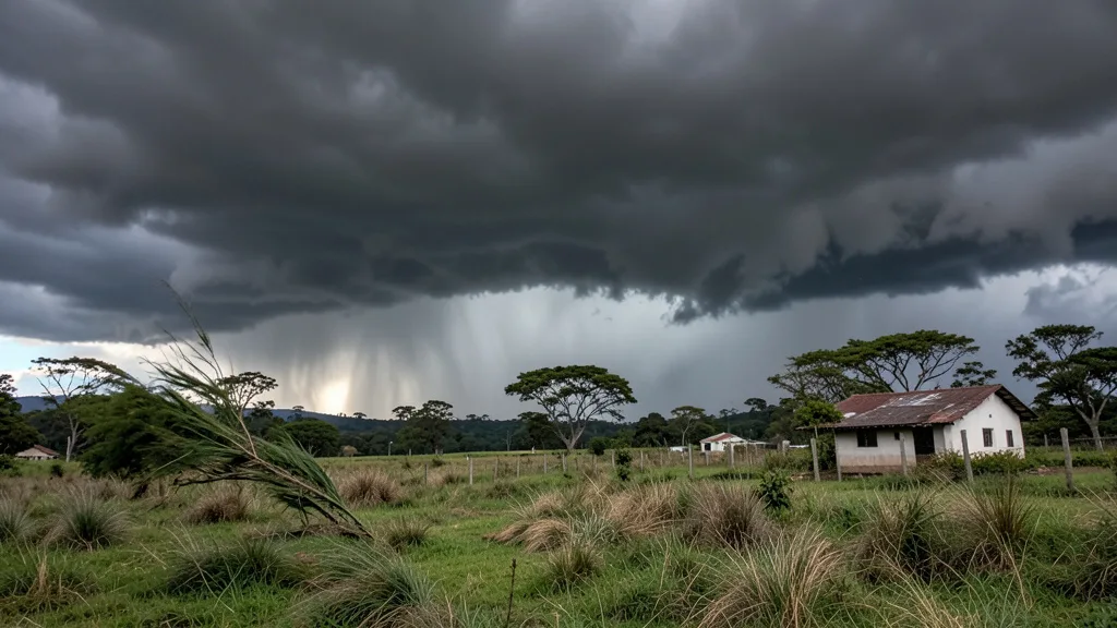 Imagem gerada por IA: Nuvens escuras de tempestade se aproximam de uma área rural em Santa Catarina.