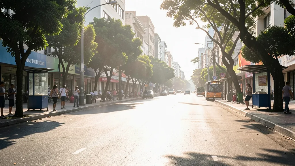 Imagem gerada por IA: Pedestres procuram sombra em uma avenida brasileira sob forte calor.