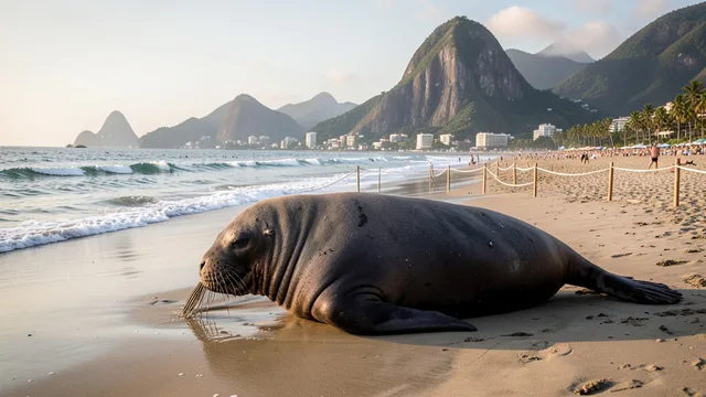 Imagem gerada por IA: Elefante-marinho descansa na areia de Copacabana, perto da arrebentação, com a área isolada.
