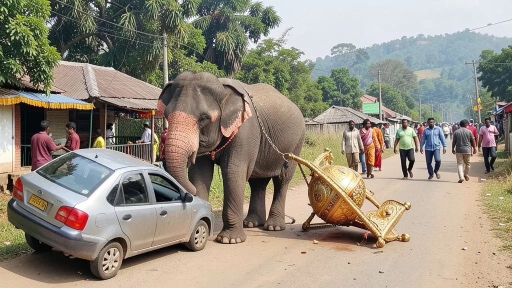 Imagem gerada por IA: Elefante em uma procissão ao lado de um carro virado e de um ambari caído.