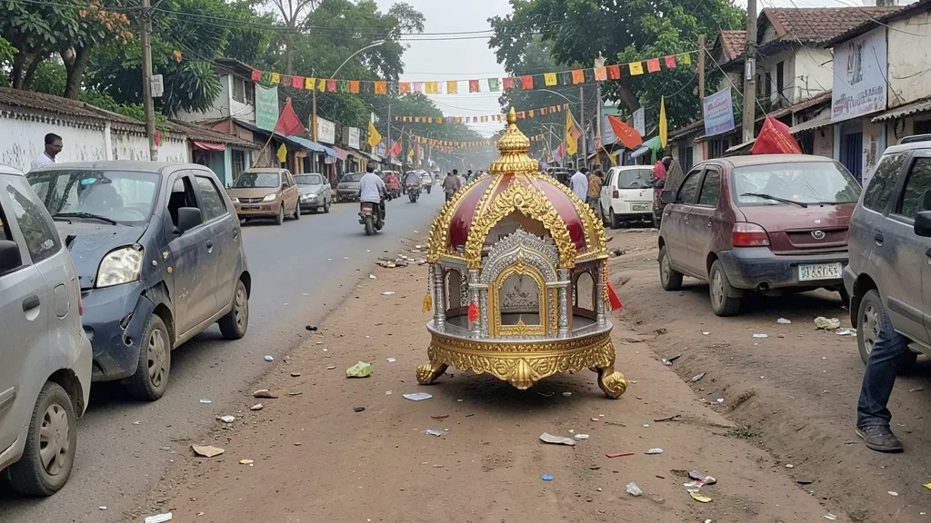 Imagem gerada por IA: Estrutura religiosa ornamentada caída em uma rua decorada para um festival, perto de veículos danificados.