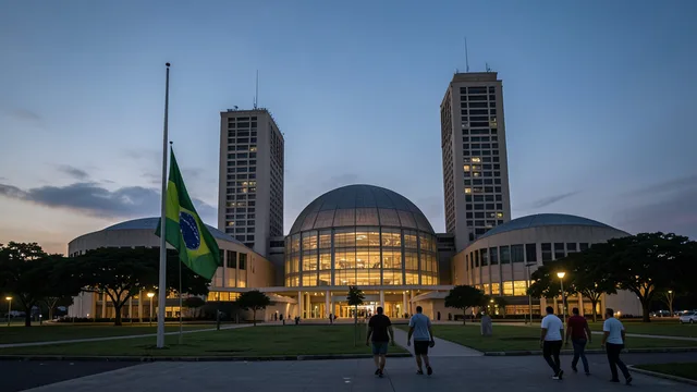 Congresso Nacional em Brasília iluminado ao entardecer, com eleitores caminhando nas proximidades.