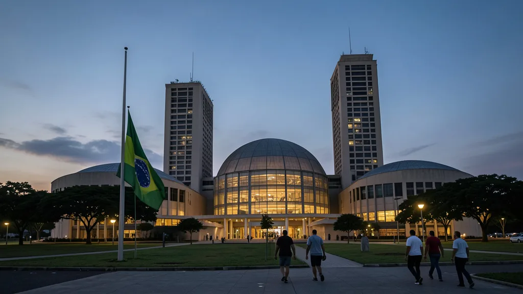 Congresso Nacional em Brasília iluminado ao entardecer, com eleitores caminhando nas proximidades.
