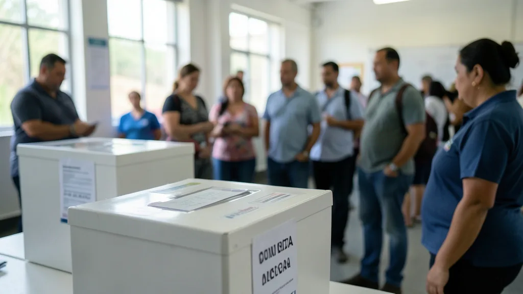 Imagem gerada por IA: Urna eletrônica em uma seção eleitoral brasileira, com eleitores aguardando para votar.