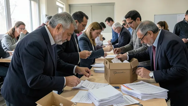 Imagem gerada por IA: Funcionários eleitorais contam cédulas de papel em uma seção de votação.