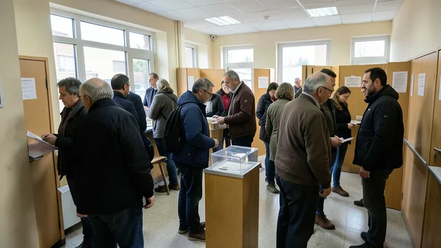 Imagem gerada por IA: Eleitores adultos entram em uma seção de votação em Israel, com urnas e cabines ao fundo.