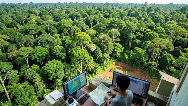 Imagem gerada por IA: Vista aérea da floresta amazônica com uma área desmatada ao lado de um posto de monitoramento.