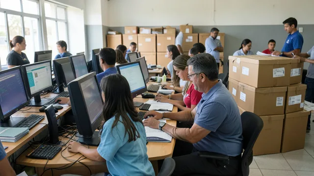 Imagem gerada por IA: Equipe acompanha a apuração dos votos em um centro eleitoral.