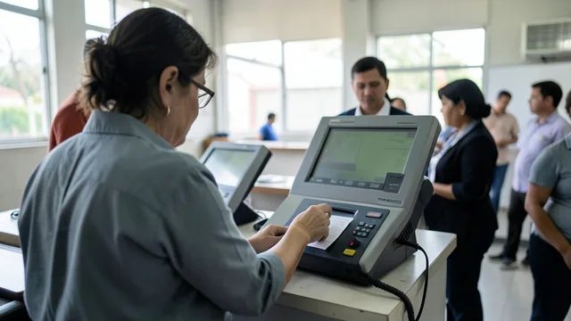 Imagem gerada por IA: Eleitor vota em uma urna eletrônica em uma seção eleitoral no Brasil.