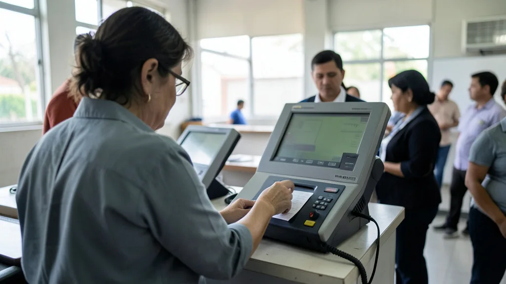 Imagem gerada por IA: Eleitor vota em uma urna eletrônica em uma seção eleitoral no Brasil.