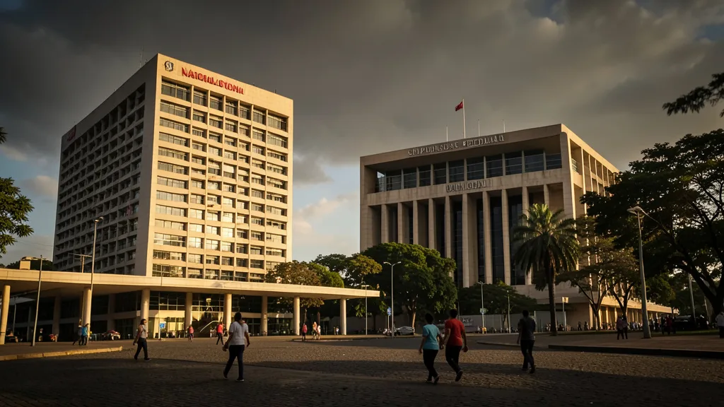 Imagem gerada por IA: Congresso Nacional e Supremo Tribunal Federal em Brasília, vistos da praça, com pessoas caminhando ao fundo.