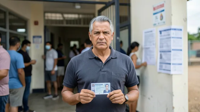 Eleitor com documento e anotação em papel diante de uma seção de votação.