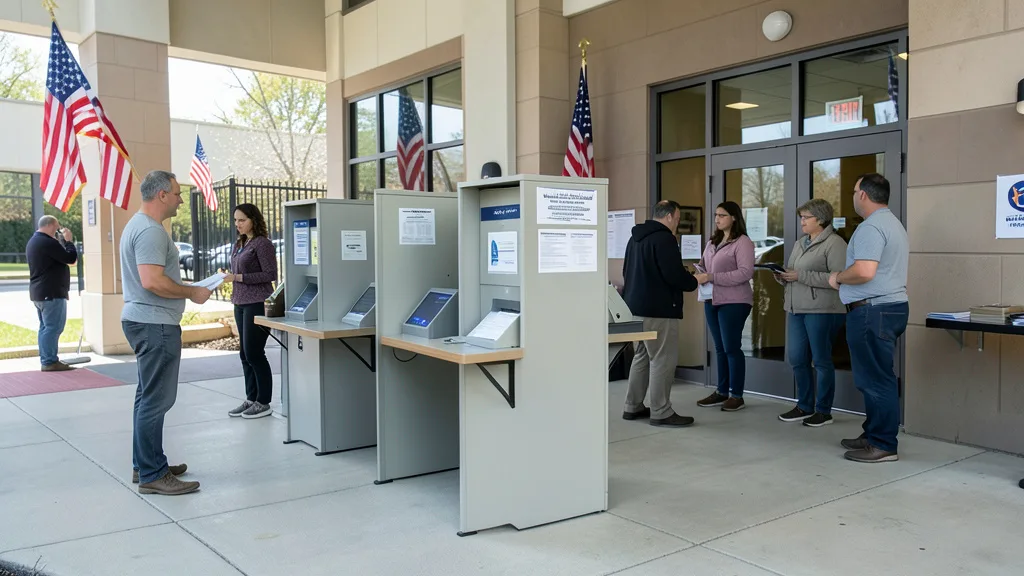 Imagem gerada por IA: Eleitores entram em um local de votação nos Estados Unidos.