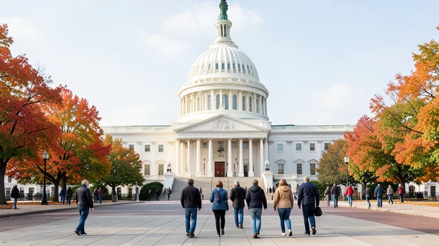 Imagem gerada por IA: Capitólio dos Estados Unidos em Washington, com eleitores caminhando pela praça em um dia de votação.