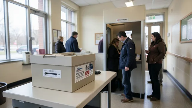 Imagem gerada por IA: Cabine de votação e urna em um local de votação nos Estados Unidos.