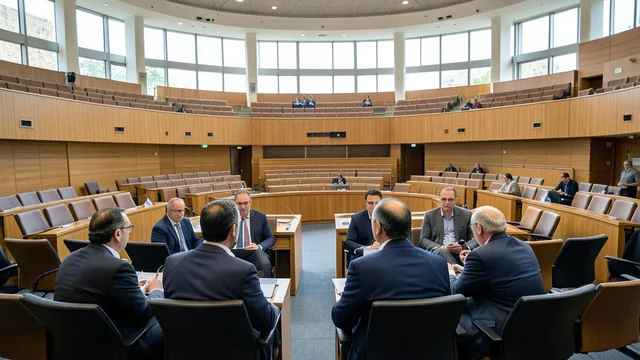Imagem gerada por IA: Plenário do Knesset, em Jerusalém, com parlamentares conversando em pequenos grupos.