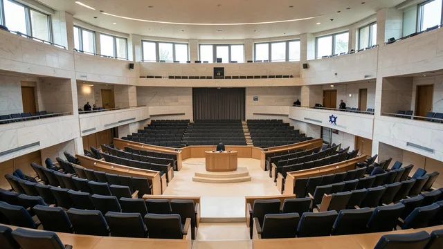 Imagem gerada por IA: Plenário da Knesset, o Parlamento de Israel, visto da galeria pública.