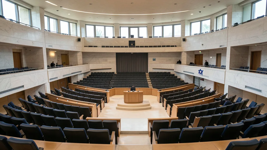 Imagem gerada por IA: Plenário da Knesset, o Parlamento de Israel, visto da galeria pública.