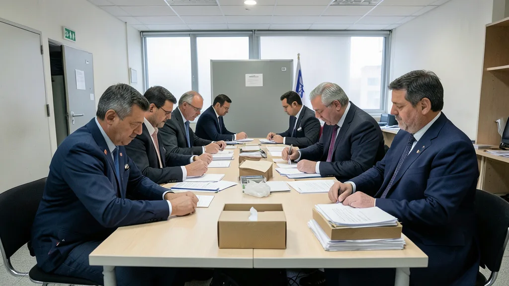 Imagem gerada por IA: Mesários e representantes de partidos contam cédulas em uma seção eleitoral.