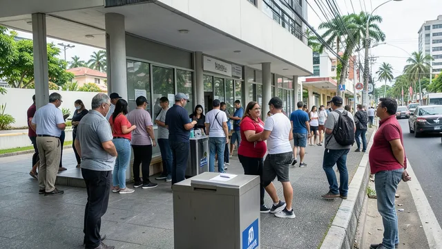 Imagem gerada por IA: Eleitores deixam um local de votação em Niterói, com uma urna em primeiro plano.